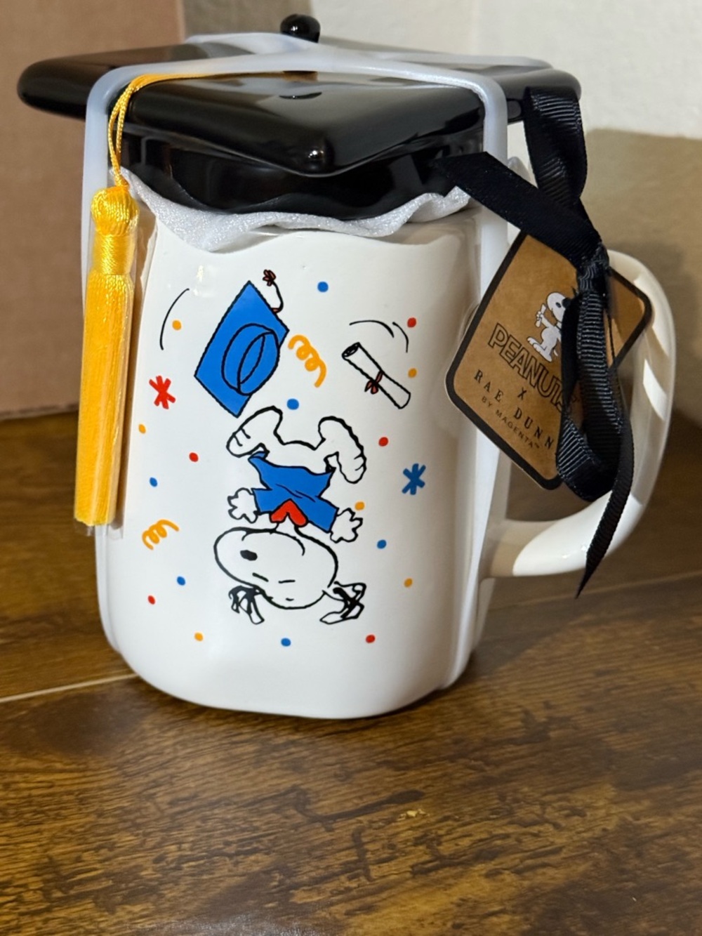 Rae Dunn Peanuts White Ceramic 'Dream Big' Mug with Black Cap & Tassel - Picture 6 of 6